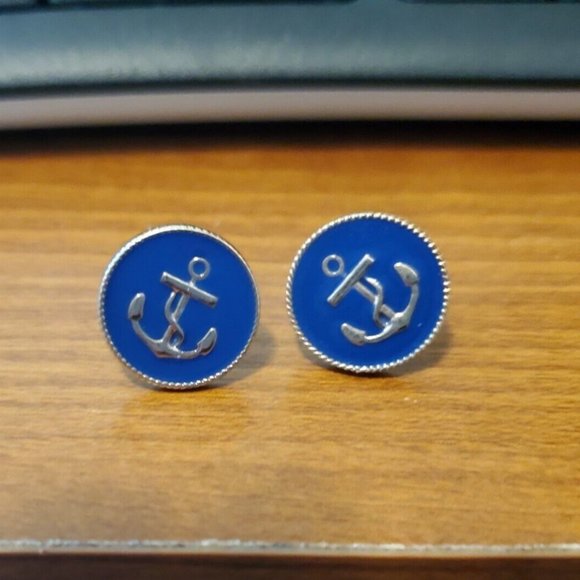 Coastal Earrings Anchor Nautical Post, blue with gold-tone trim - Picture 1 of 4